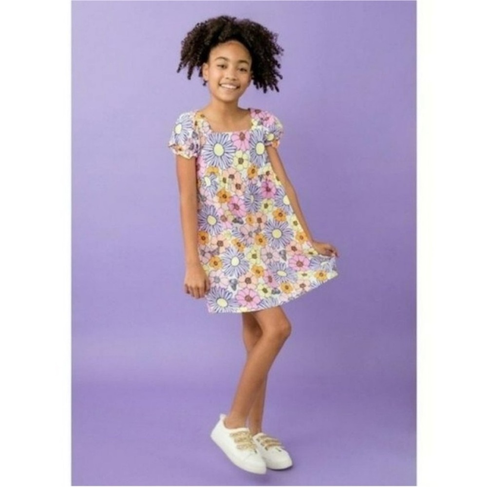 Girls floral mini dress flower floral daisy short sleeve purple pink yellow